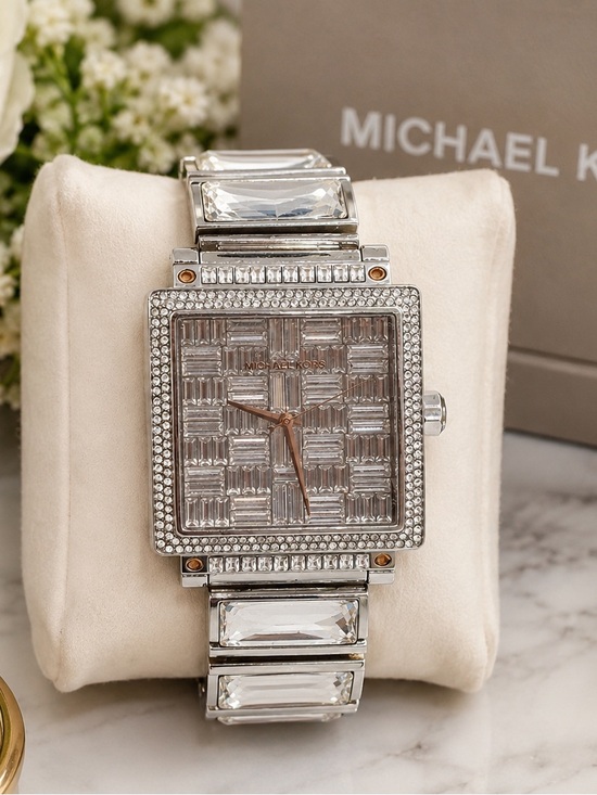 Michael Kors Accessories - Michael Kors MK-5728 Women's Silver Crystal Pave Square Watch (Dead Battery)